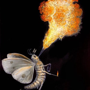 Moth breathing fire Mothias the fire breathing moth.  Artist signed print. Multiple variations.