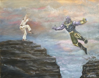 Karate kid fights Thanos in 16“ x 20“ original acrylic painting. Artist signed on stretched canvas with reinforcement bars.