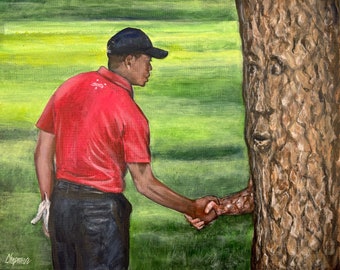 Tiger Woods shaking hands with a tree at the masters golf artist signed print