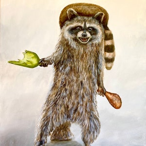 Raccoon with raccoon hat broken bottle and chicken leg. His name is Ricky, cute but a little stabby. Artist signed print. Multiple sizes.