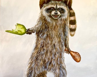 Raccoon with raccoon hat broken bottle and chicken leg. His name is Ricky, cute but a little stabby. Artist signed print. Multiple sizes.