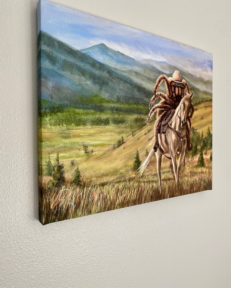 Tarancherla Tarantula rancher wearing a cowboy hat and riding a horse. Artist signed print. Multiple variations. image 6