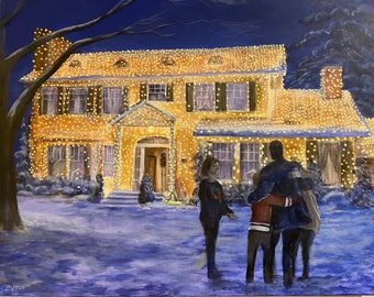 Griswold house from Christmas vacation house with lights on artist signed print.