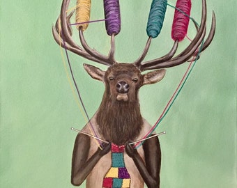 Elk Knitting a blanket using antlers to hold yarn green background, 16” x 20“ original acrylic painting