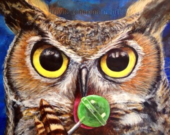 Tootsyroll Pop Owl. How many licks to get to the center??? Artist signed print. Multiple variations