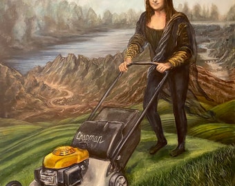 Mownalisa Mona Lisa mowing the lawn. Artist signed print, multiple variations.