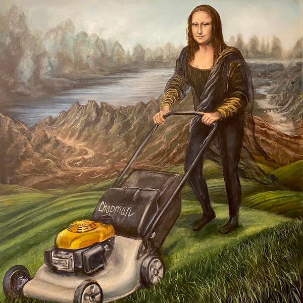 Mownalisa Mona Lisa mowing the lawn. Artist signed print, multiple variations.