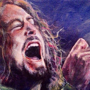 Eddie Vedder sings his lungs out.  original acrylic painting on gallery wrapped canvas 4" x 4"