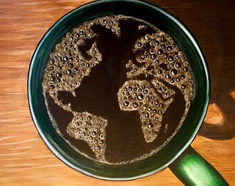 International blend. Coffee mug with the map of earth in the bubbles. Artist signed print, multiple variations.