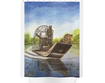 Raccoon and alligator riding in a fan boat airboat.  Polyester Shower Curtain