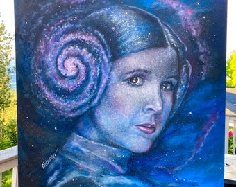 Princess Leia Galaxy painting 36“ x 36“ original acrylic on Canvas. Spiral galaxy hair