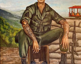 Mr Rogers soldier with two sleeves of tattoos. Artist signed print, multiple variations.