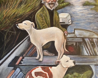 Goodfellas painting from the movie. Man in a boat with two dogs Artist signed print. Multiple Options