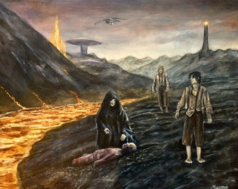 Frodo and Sam run into Vader and the emperor Palpatine in Mordor 16"x20" original Acrylic painting on stretched canvas.