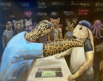 Tortoise and the hare slap fight.  Original acrylic painting 16” x 20”. Artist signed, handmade.