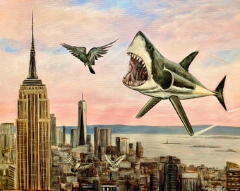 Jet shark over New York 16”x20” original acrylic painting on canvas