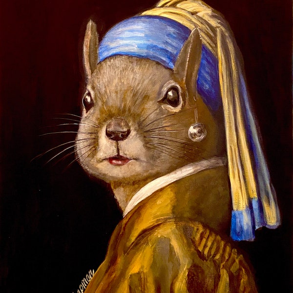 Eichhörnchen mit dem Perlenohrring. Parodie auf Vermeers Mädchen mit dem Perlenohrring. Künstler-Signierter Druck, mehrere Variationen.