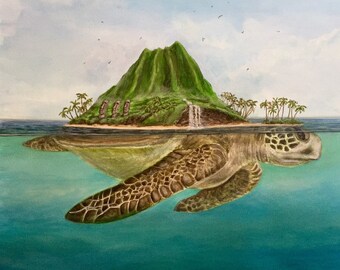 Turtle island. Tropical islands on a sea turtle. Artist signed print, multiple variations.