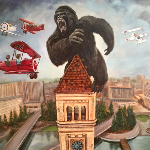King Kong takes over the Spokane clock tower. Artist signed, Digital Prints. Multiple sizes.