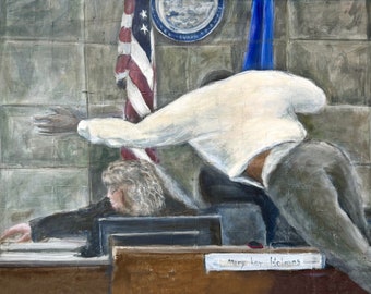 Guy jumps over judges, desk bench. Viral meme. Artist signed print, multiple options.