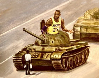 LeBron James in a Chinese tank at Tiananmen Square. Artist signed print.