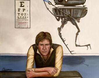 Han Solo gets an exam From an imperial probe droid. Artist signed, original acrylic painting on stretched canvas with reinforcement bars.