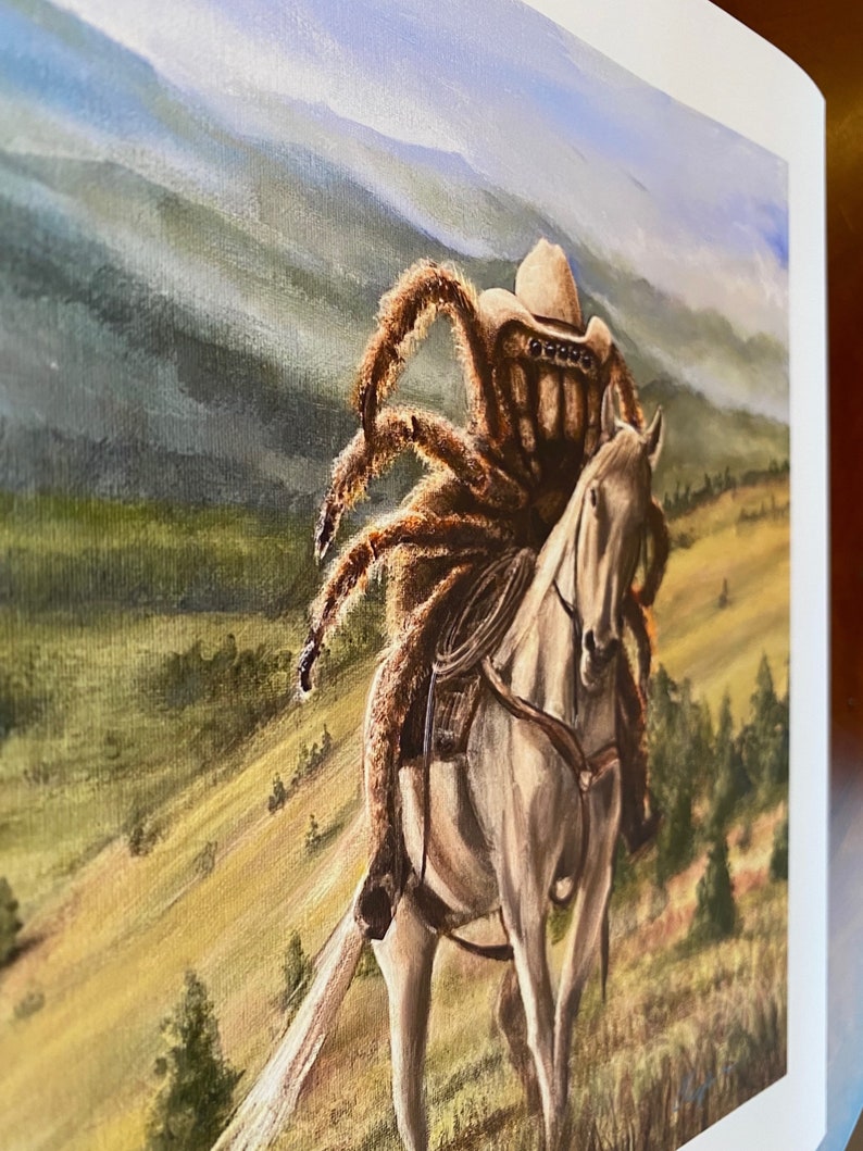 Tarancherla Tarantula rancher wearing a cowboy hat and riding a horse. Artist signed print. Multiple variations. image 4