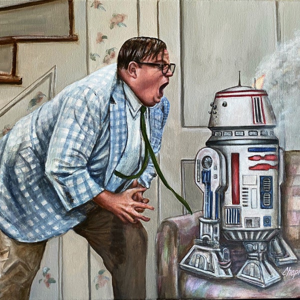 Original painting. bad motivator. Version 2. 16” x 20” canvas.  Chris Farley motivational speaker tries to motivate a droid