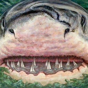 Shark with sailboats for teeth shark in the water with a little cove of palm trees and sailboats inside its mouth. Artist signed print.