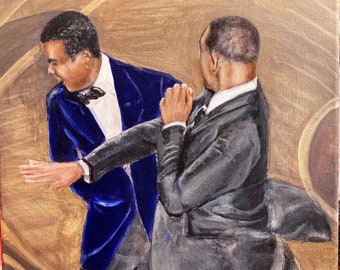 Famous Will Smith Chris Rock slap at the 2022 Oscars. Artist signed print.