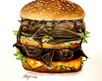Bat burger Big Mac 11“ x 14” Original acrylic painting on mixed media paper.