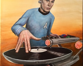 DJ Spock, artist signed print. Spock laying down the illest beats on the enterprise turntable
