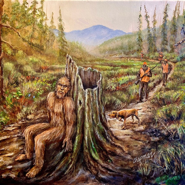 Danger close. Bigfoot has a close call with hunters. Hunting dog sniffs him out. Bigfoot is almost found. Artist signed print, multiple size