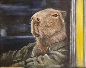 Cabby Bara. Capybara driving at Checker cab taxi driver capybara original acrylic painting 11” x 14”