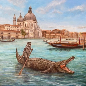 Kip working as a gondolier in Venice, Italy. A raccoon and an alligator gondolier and gondola. Artist signed print. Venezia, Italia!