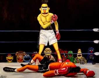 Epic grudge match. Puppets fight like Muhammad Ali rumble in the jungle. Artist signed print. Multiple variations.