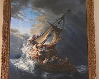 Storm on the sea of Galilee Rembrandt reproduction, very large original painting 48”x60”x1.5” framed to match the museum framing.