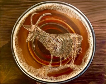 Iron goat beer foam. Spokane’s iron goat in the foam of a frosted, cold delicious glass of beer. Artist signed print, multiple variations.