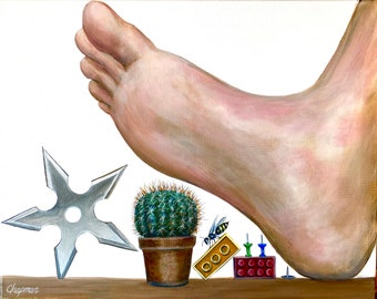 Bare foot about to step on sharp objects. Stepping into 2023 Bare foot. Bees Legos cactus ninja star Artist signed print, multiple sizes.