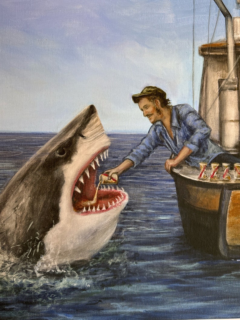 Jaws drinks a beer with Quint. Drinking Buddies. Quint pours a beer into Jaws mouth. Shark drinking a beer. Artist signed print. Great Gift image 2