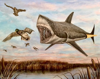 My entry for the federal duck stamp art contest did not win, jet, shark, eating ducks,  Artist signed print