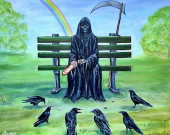 Off the clock. Grim Reaper feeding ravens with rainbow. Artist signed, 16” x 20” original acrylic painting.