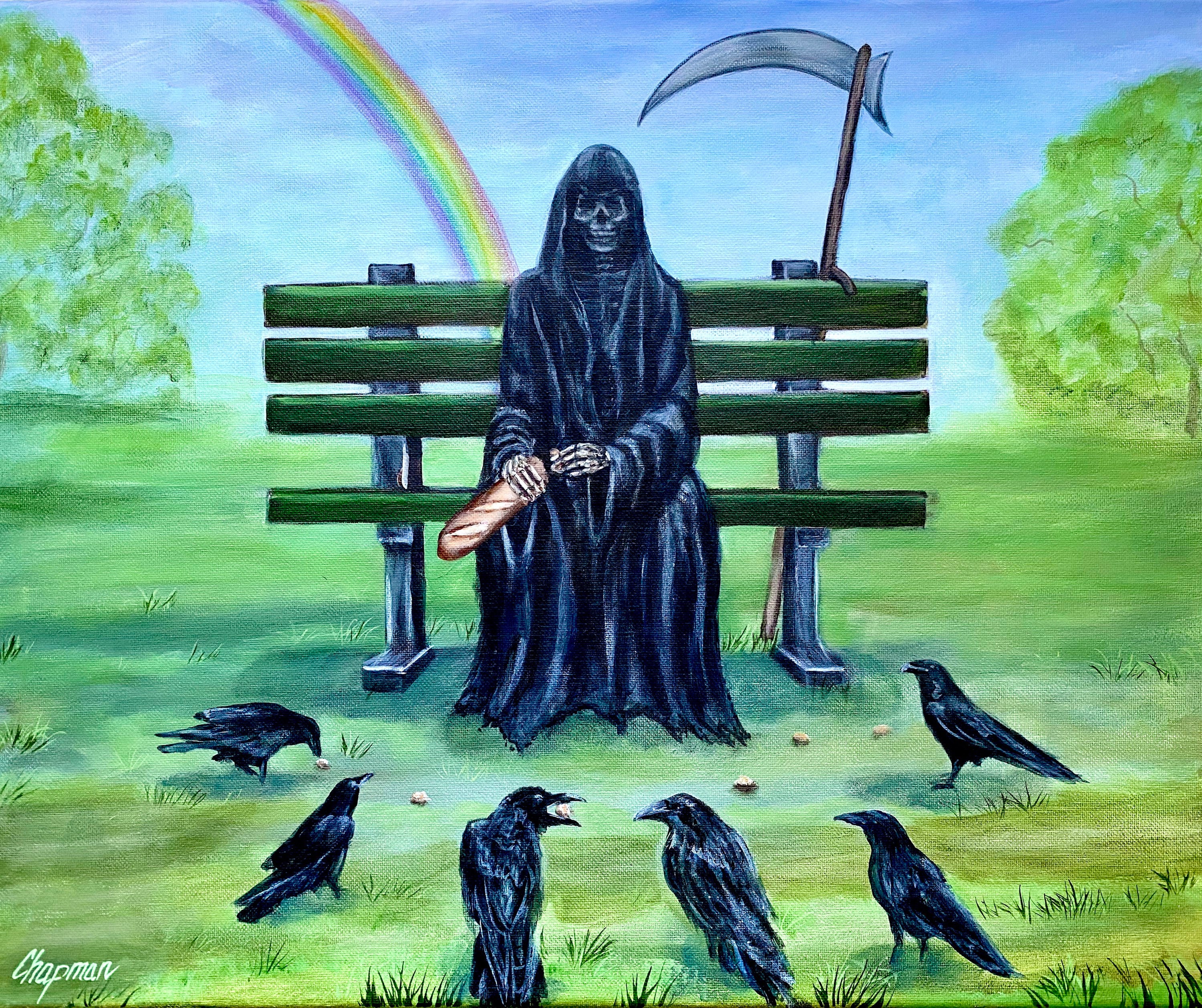 an illustration of grim reaper, full body, relaxing in