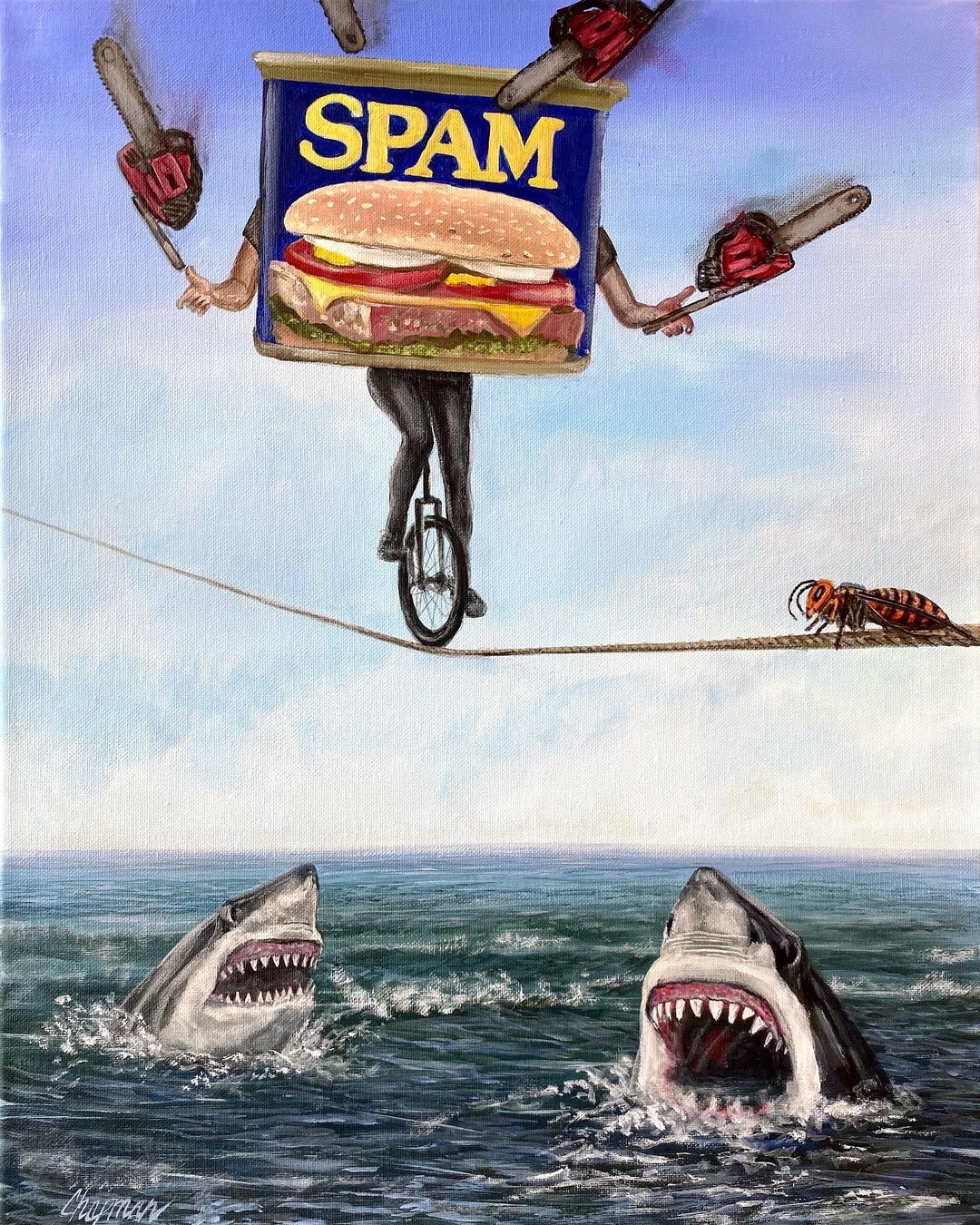 Spam Risk Version Two. Can of Spam Tight Rope Over Sharks Juggling