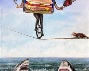 Spam risk version two. Can of Spam tight rope over sharks juggling chainsaws on a unicycle with murder hornet. Original acrylic painting.