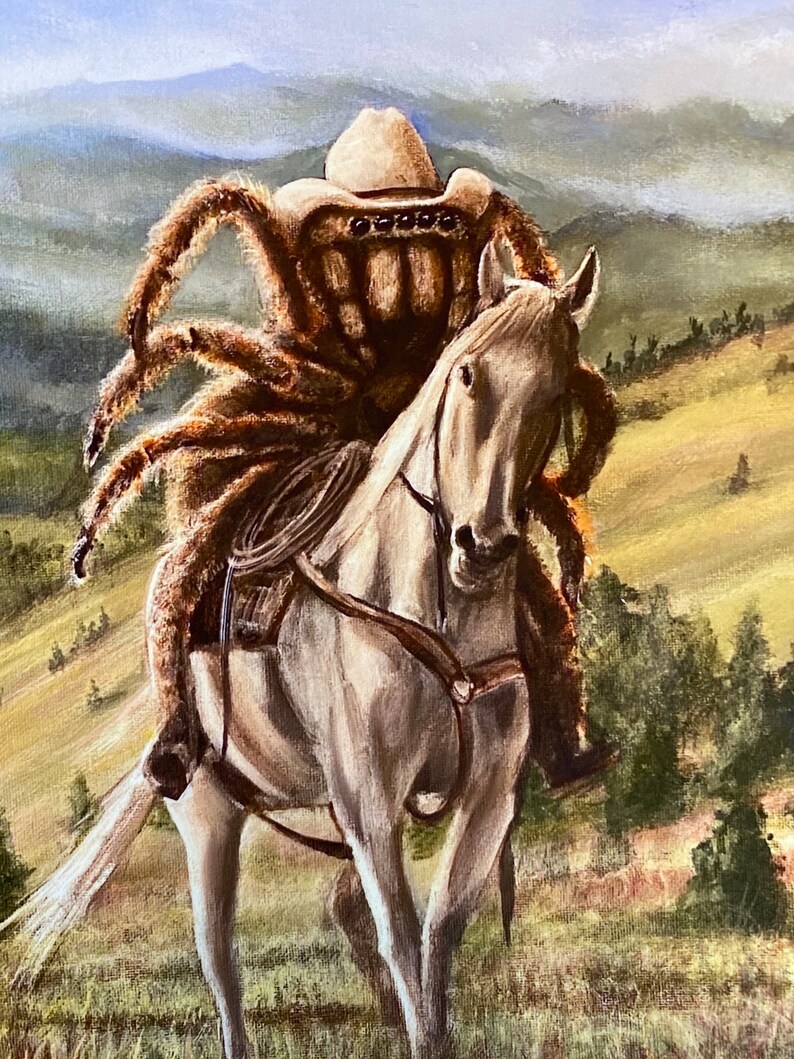 Tarancherla Tarantula rancher wearing a cowboy hat and riding a horse. Artist signed print. Multiple variations. image 3