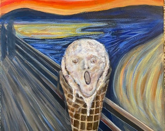 The scream ice cream cone. Munch parody . 16“ x 20“ original acrylic painting. Artist signed on stretched canvas with reinforcement bars.
