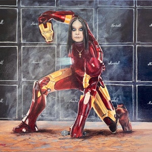 Ozzy Osbourne as Iron Man. Ozzy in the super hero pose Iron Man suit. Artist signed print, multiple variations.