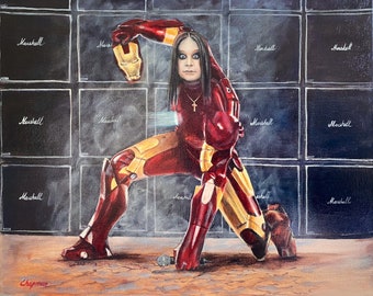 Ozzy Osbourne as Iron Man. Ozzy in the super hero pose Iron Man suit. Artist signed print, multiple variations.