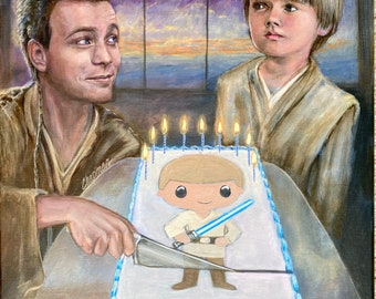 Obi-Wan Kenobi cutting birthday cake with Anakin symbolic leg amputation 16“ x 20“ original acrylic painting on stretched canvas.